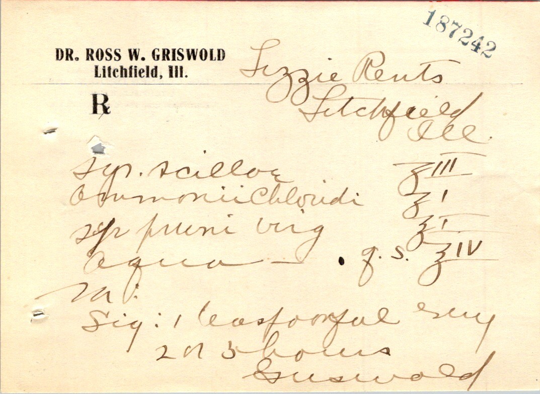 1918 Flu Era Prescription Dr. Ross W. Griswold Litchfield IL Medical