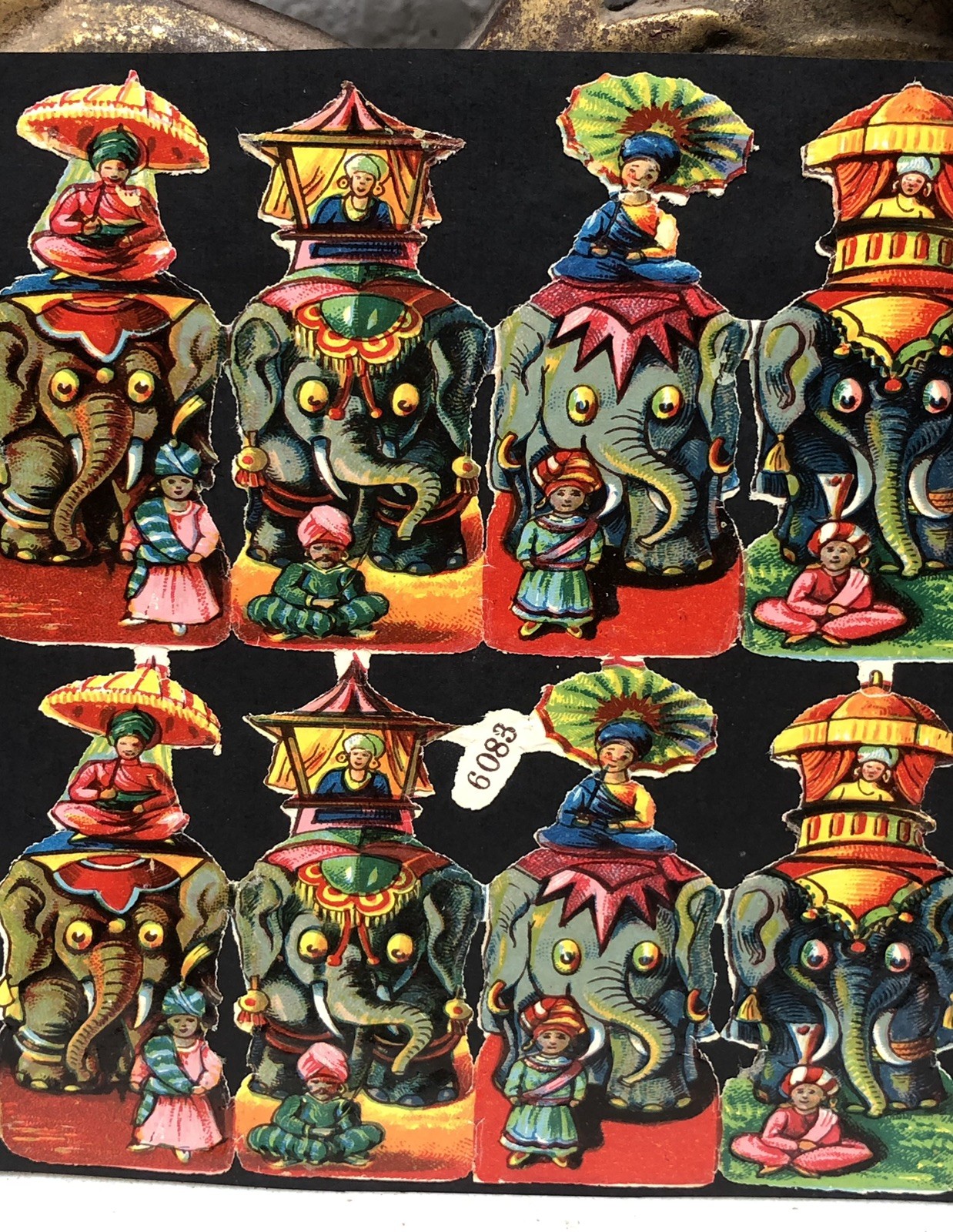 Indian Elephants & Kid Band Die Cut Scraps Glued on Paper Double Sided L14