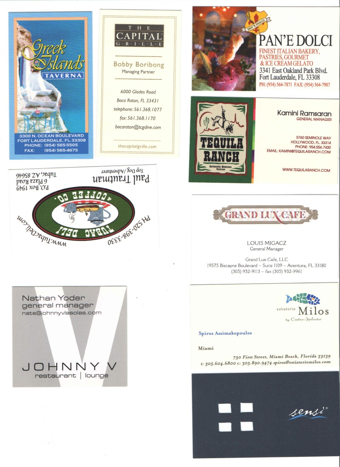 Montreal + AZ + FL + NV Restaurant Business Card Lot 50 different CARDS