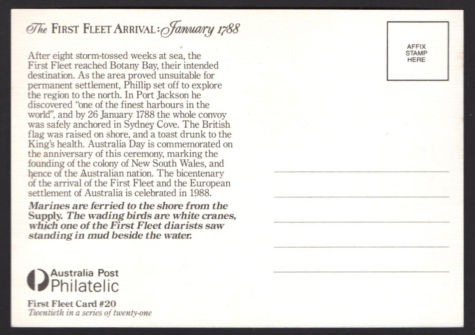 UNUSED AUSTRALIAN POSTCARDS ” THE FIRST FLEET ARRIVAL – 1788 Card No. 20 ” 1988