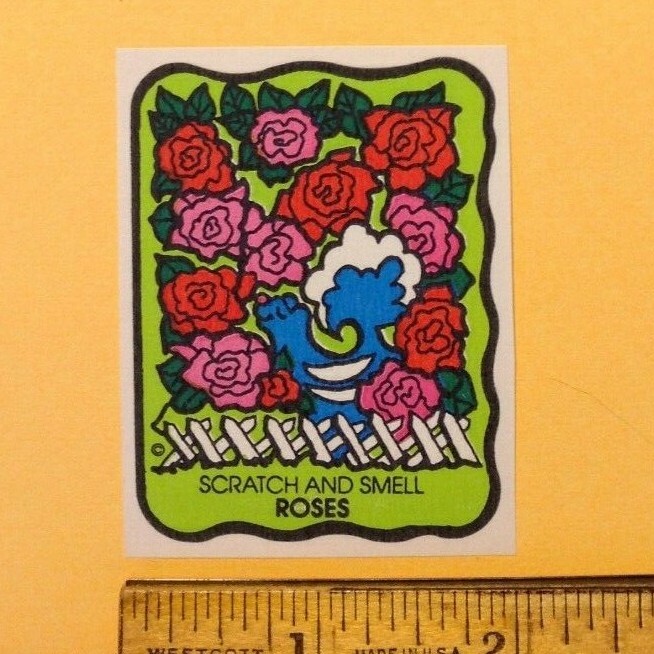 VTG 80s MELLO SMELLO Scratch & Smell Sniff Sticker MATTE Flowers ROSE Scent NOS
