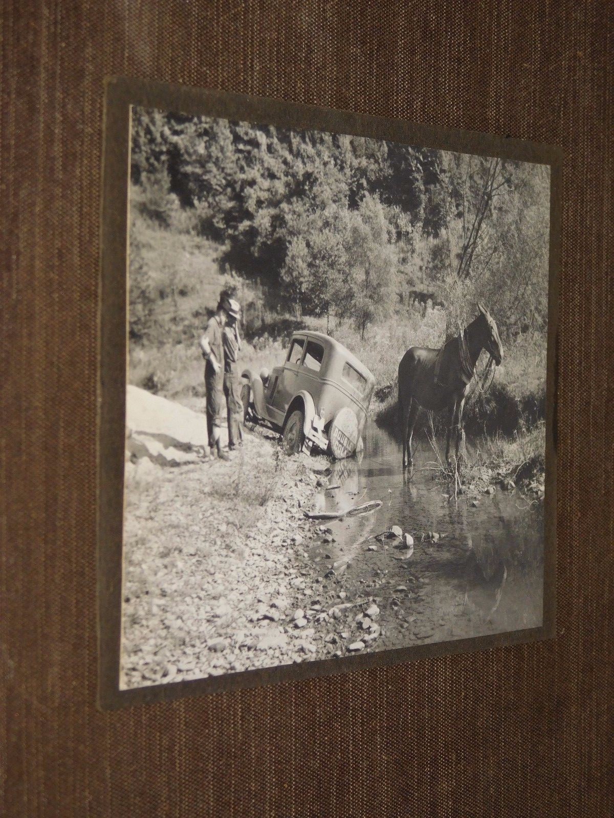 VINTAGE 6 1/2″ X 4 3/4″ OLD DOUBLE COLA TRUCK & HORSE IN RIVER STREAM PHOTO