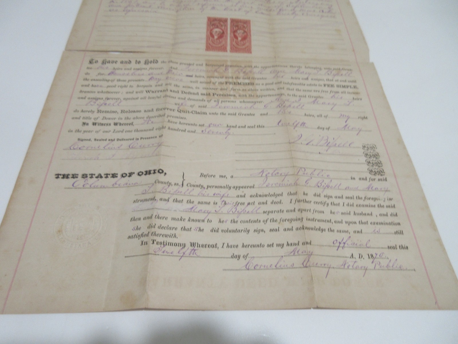 Antique 1870 Warranty Deed With Dower ONE DOLLAR Ohio Bipell + Post Stamps 25c