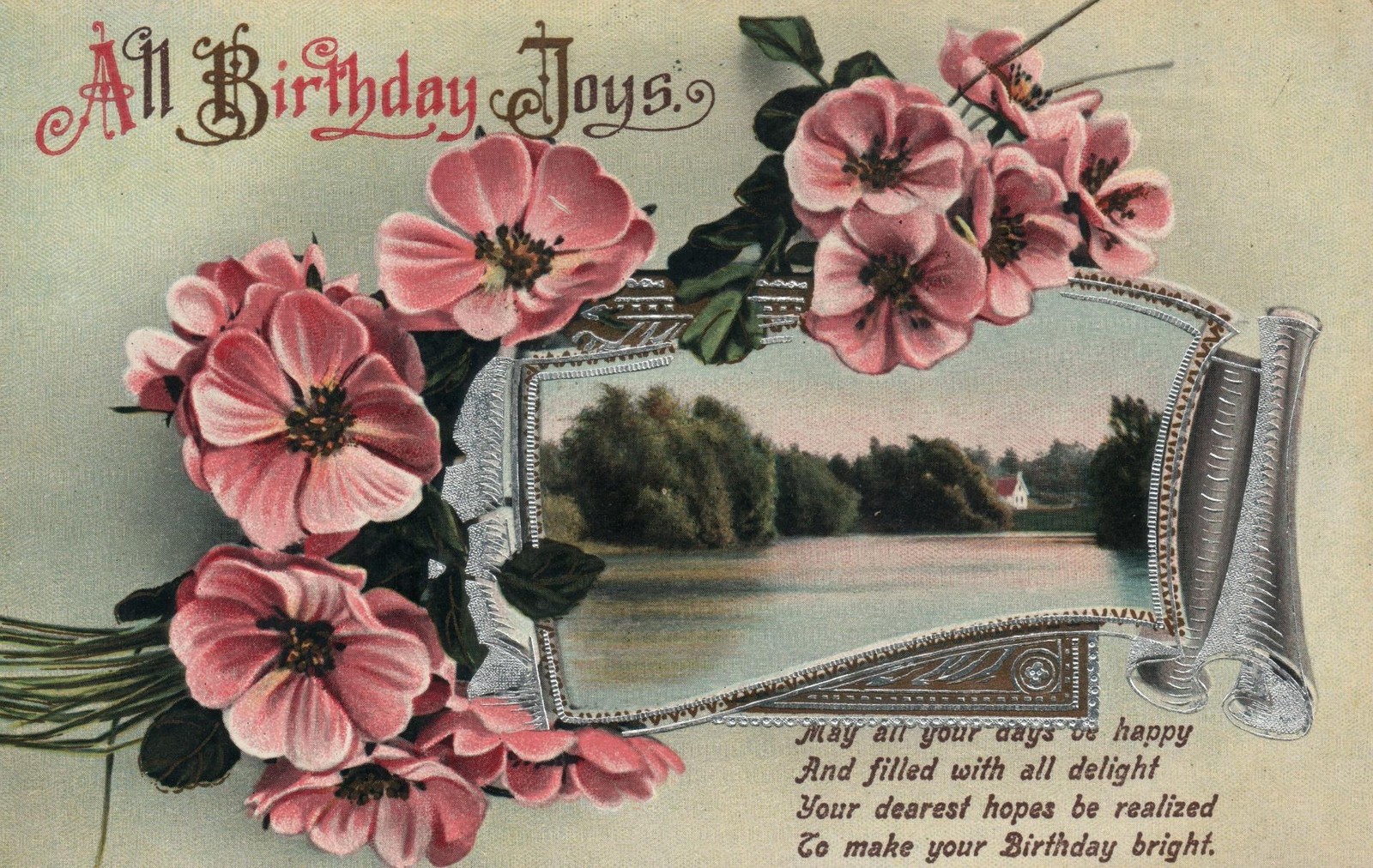 Early 1900’s ANTIQUE Pink Tea Roses All Birthday Joys Greetings POSTCARD