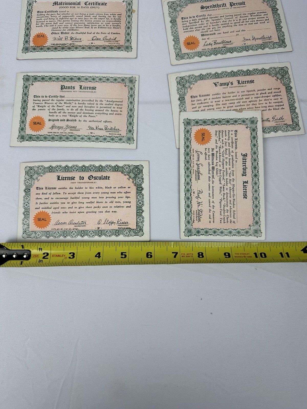 Vintage 1940s Novelty Certificates Lot Matrimonial Pants License Vamp Etc.