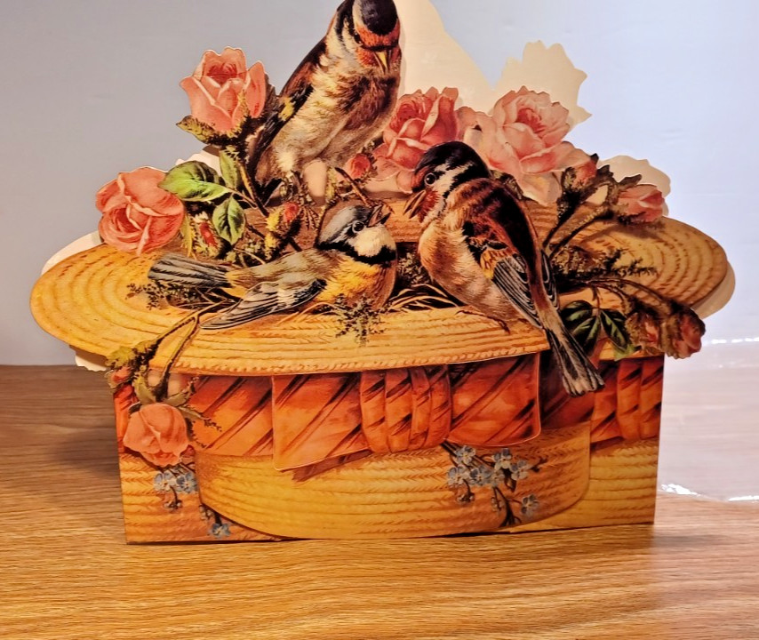 The Gifted Line Basket Box Vintage Birds-In-A-Boater Open Package Unused