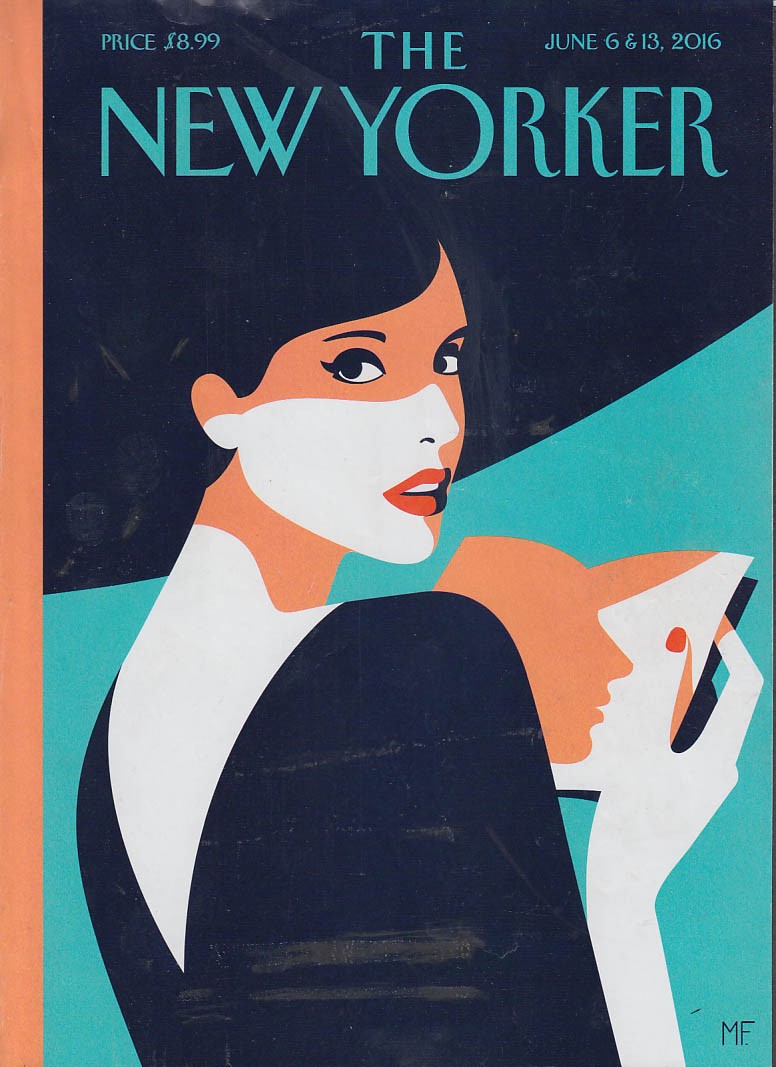 New Yorker cover Favre 6/6 2016 striking woman in black orange & blue