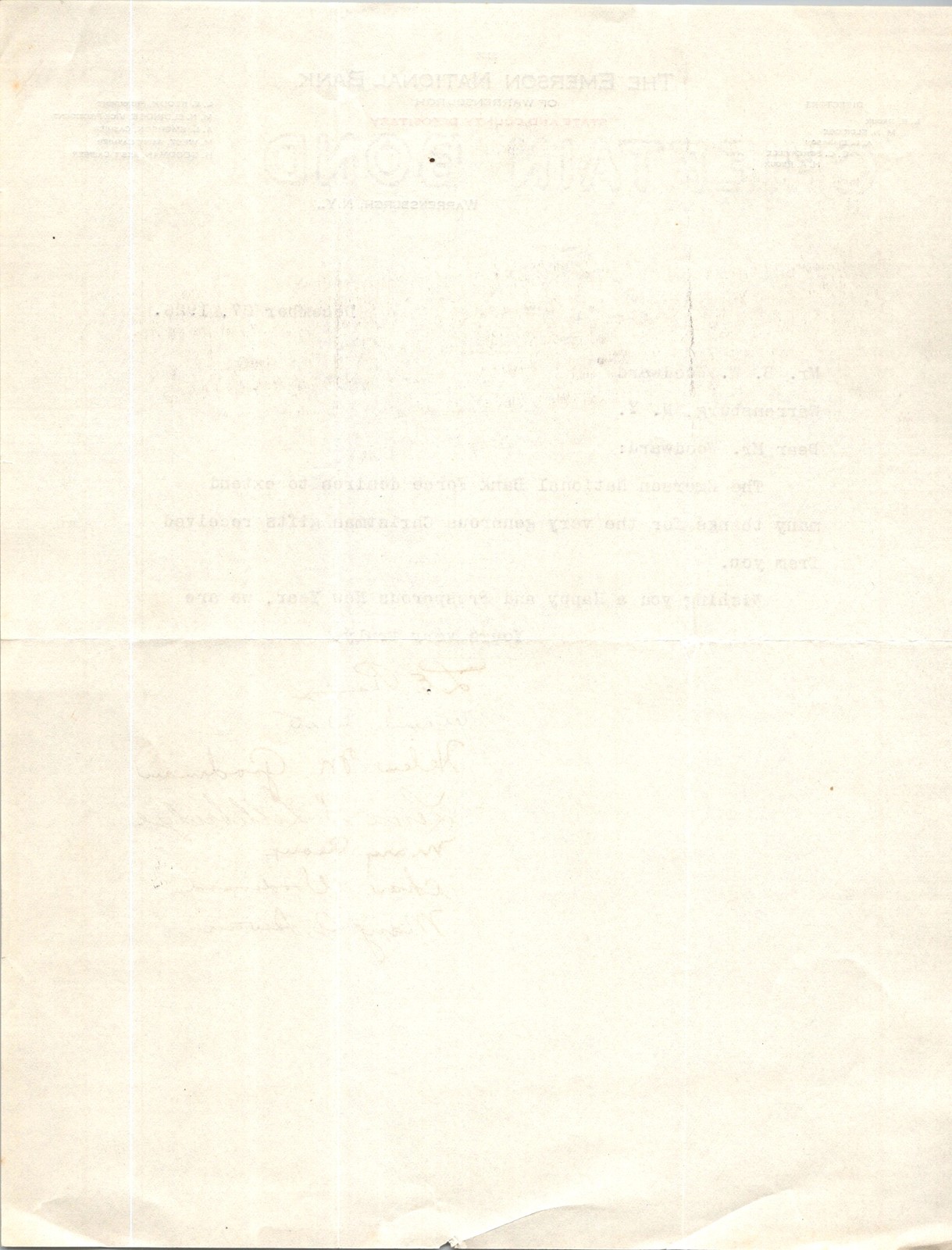 1926 Emerson Natl Bank Warrensburgh NY Typewritten Thank-You Letter
