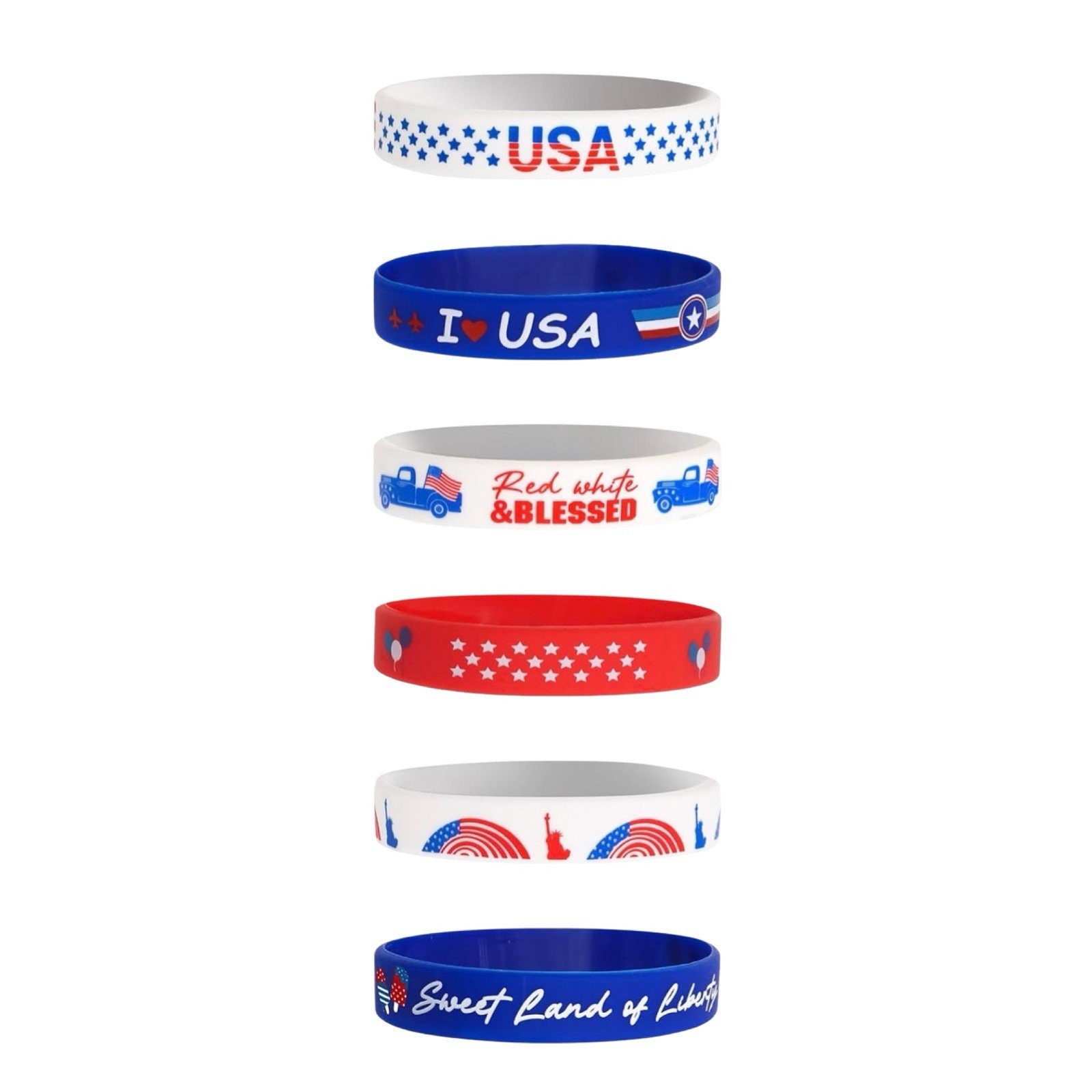 6 Pc Patriotic Silicone Wristband Bracelet Set USA Red White Blue July 4th New