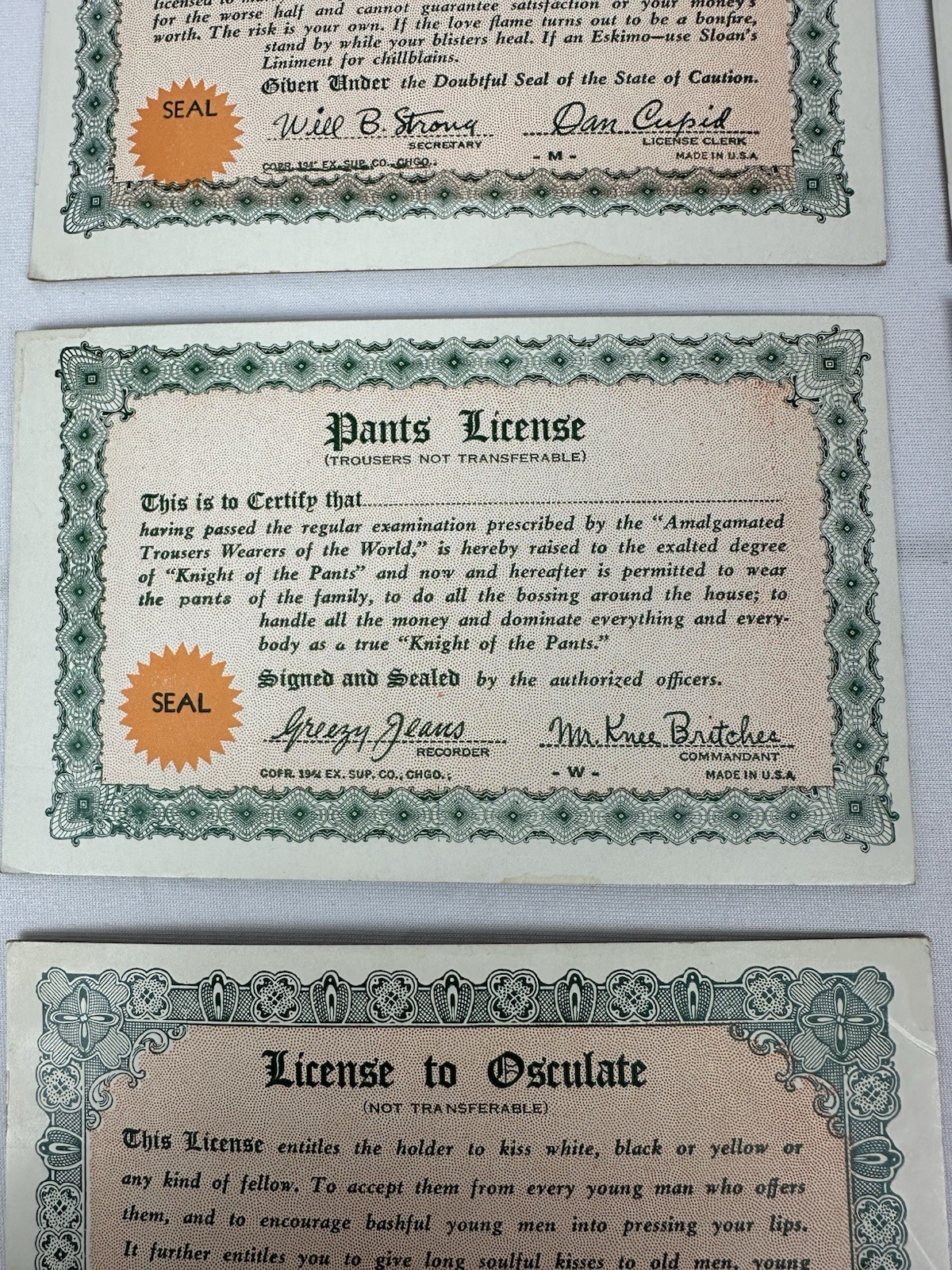 Vintage 1940s Novelty Certificates Lot Matrimonial Pants License Vamp Etc.