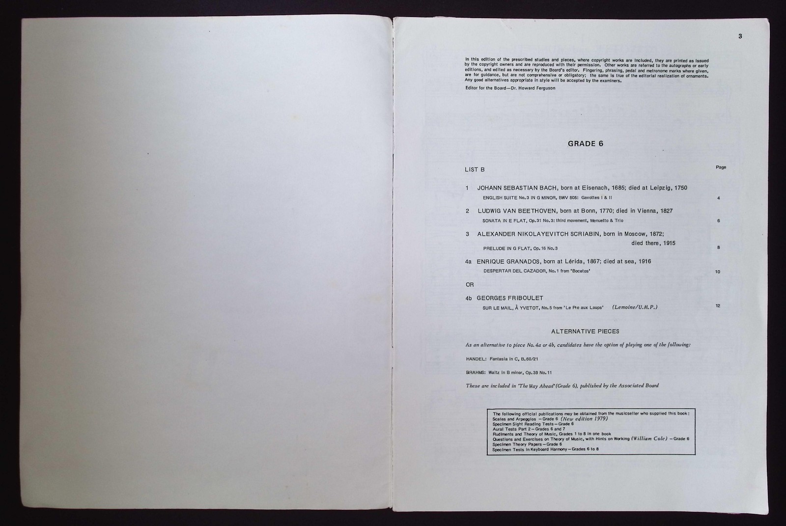 Royal Schools of Music Pianoforte Examinations 1979 Grade 6 List B