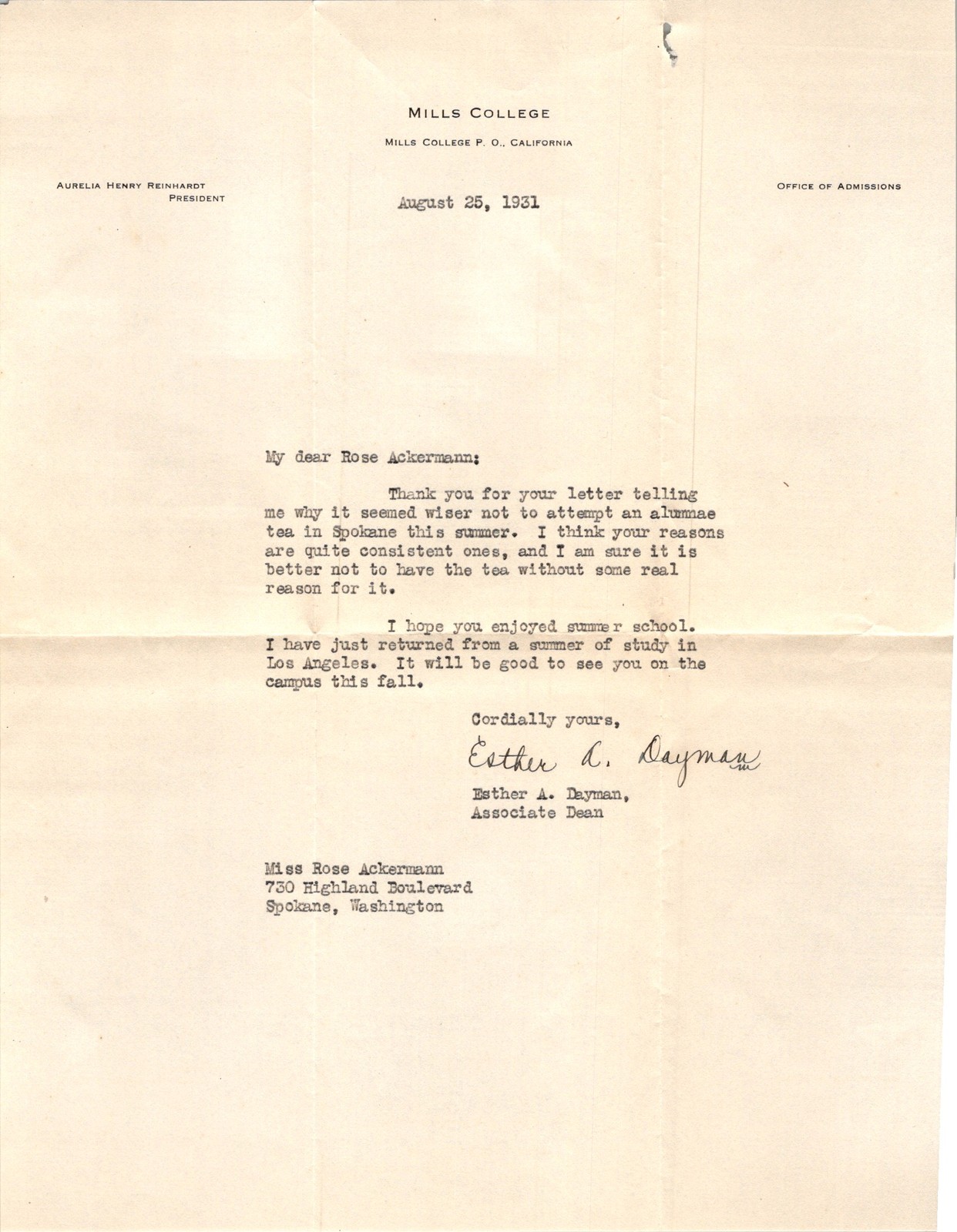 1931 Mills College Letterhead Assoc Dean to Alumna Rose Ackermann Spokane WA