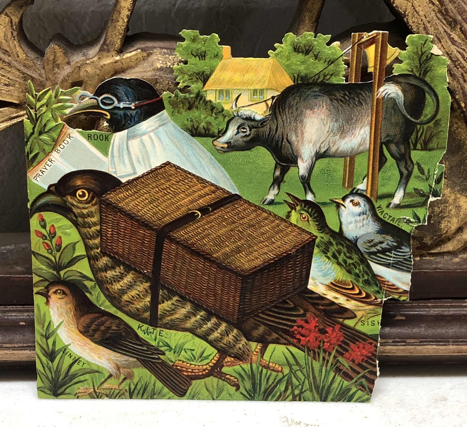 Victorian Die Cut Embossed Scrap Birds Having A Funeral Service w Prayer Book L8