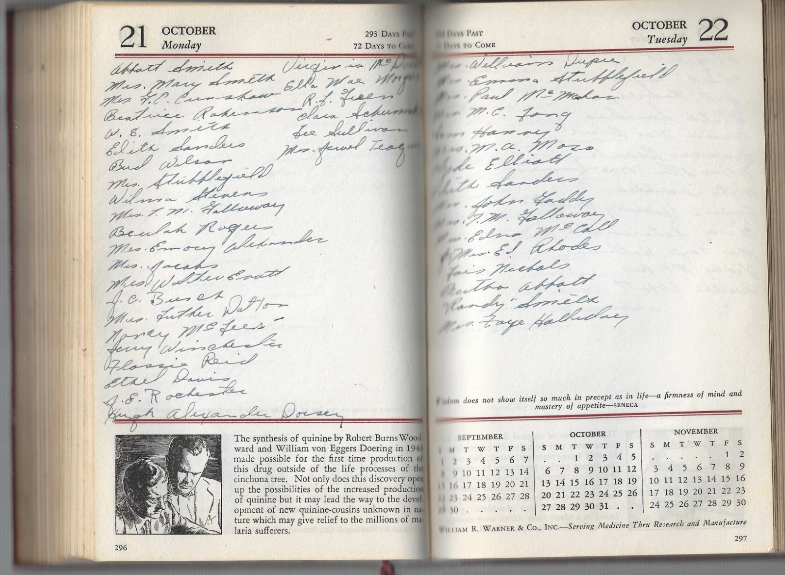 1946 WARNER’S CALENDAR OF MEDICAL HISTORY For The Use Of The Medical Profession