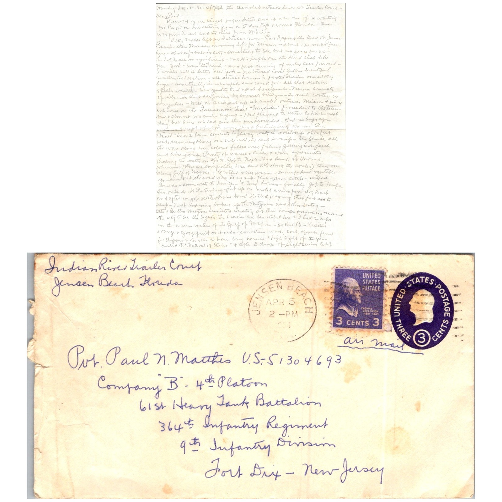 1950s Jensen Beach FL to Fort Dix NJ MS Letter w/ Postal Envelope Soldier
