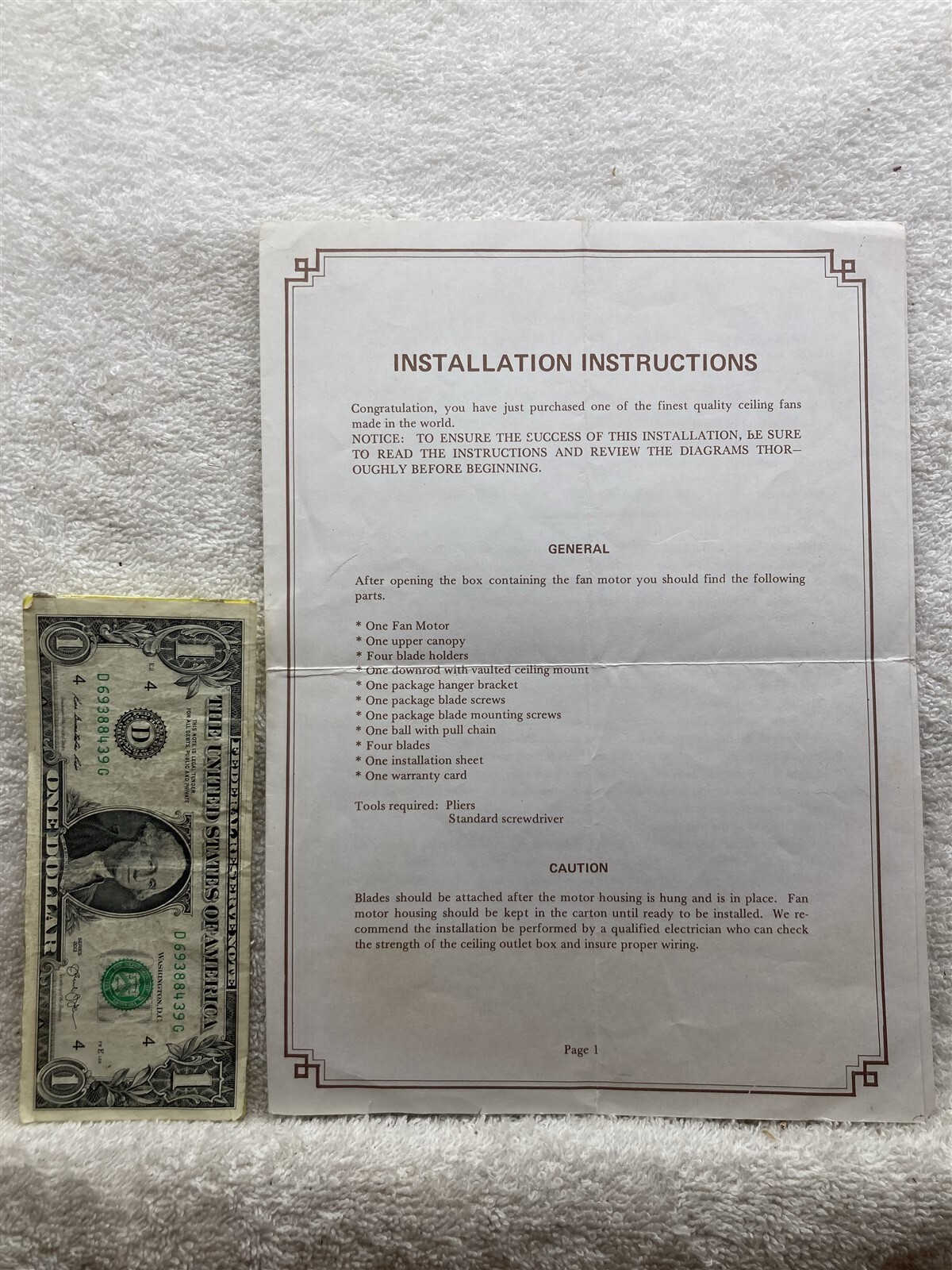 1980s 1990s Unknown Brand Ceiling Fan Owners Guide Sheet Hunter ? Vtg