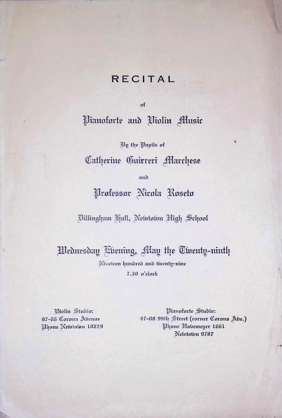 1929 Marchese Recital Program Dillingham Hall Newtown NY Piano Violin