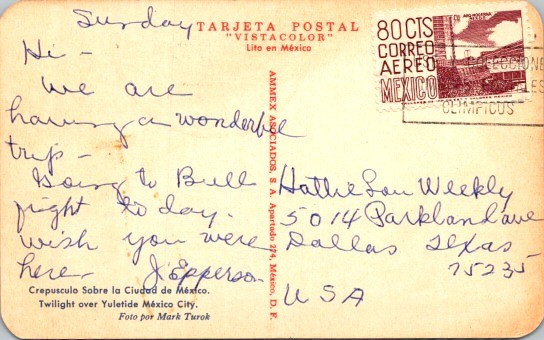 Mexico City Crepusculo Twilight 1968 Olympics Airmail Postcard Bullfight