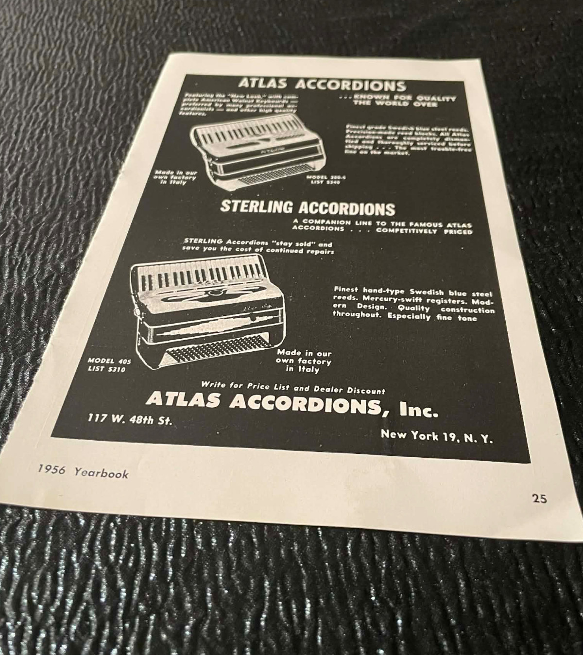 Atlas Accordions New York 19 Sterling 48th St Ads 1956 Accordion World Magazine