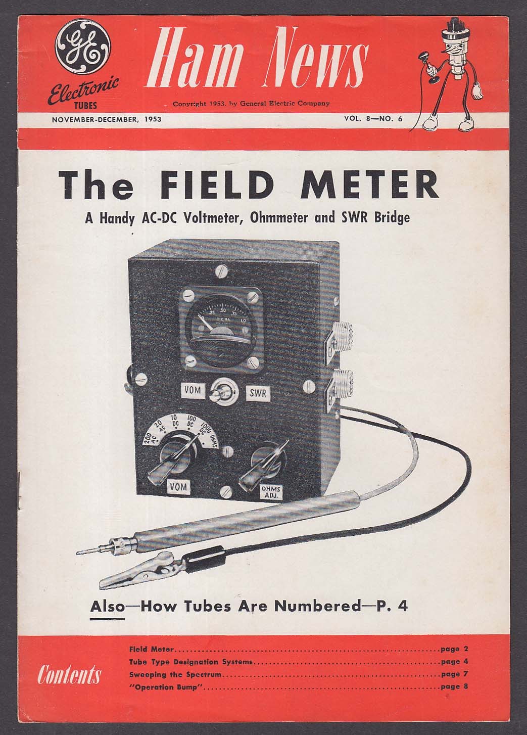 General Electric HAM NEWS Vol 8 #6 Field Meter AC-DC Voltmeter + 11-12 1953