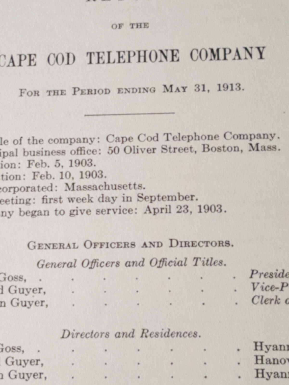 1913 report CAPE COD TELEPHONE COMPANY Massachusetts Frank Percy Goss A. Guyer