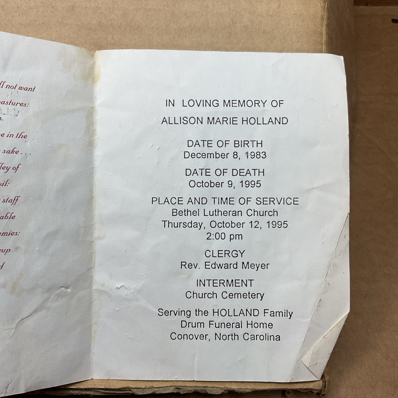 9 Oct 1995 Allison Marie Holland Funeral Service Program Conover Nc B70