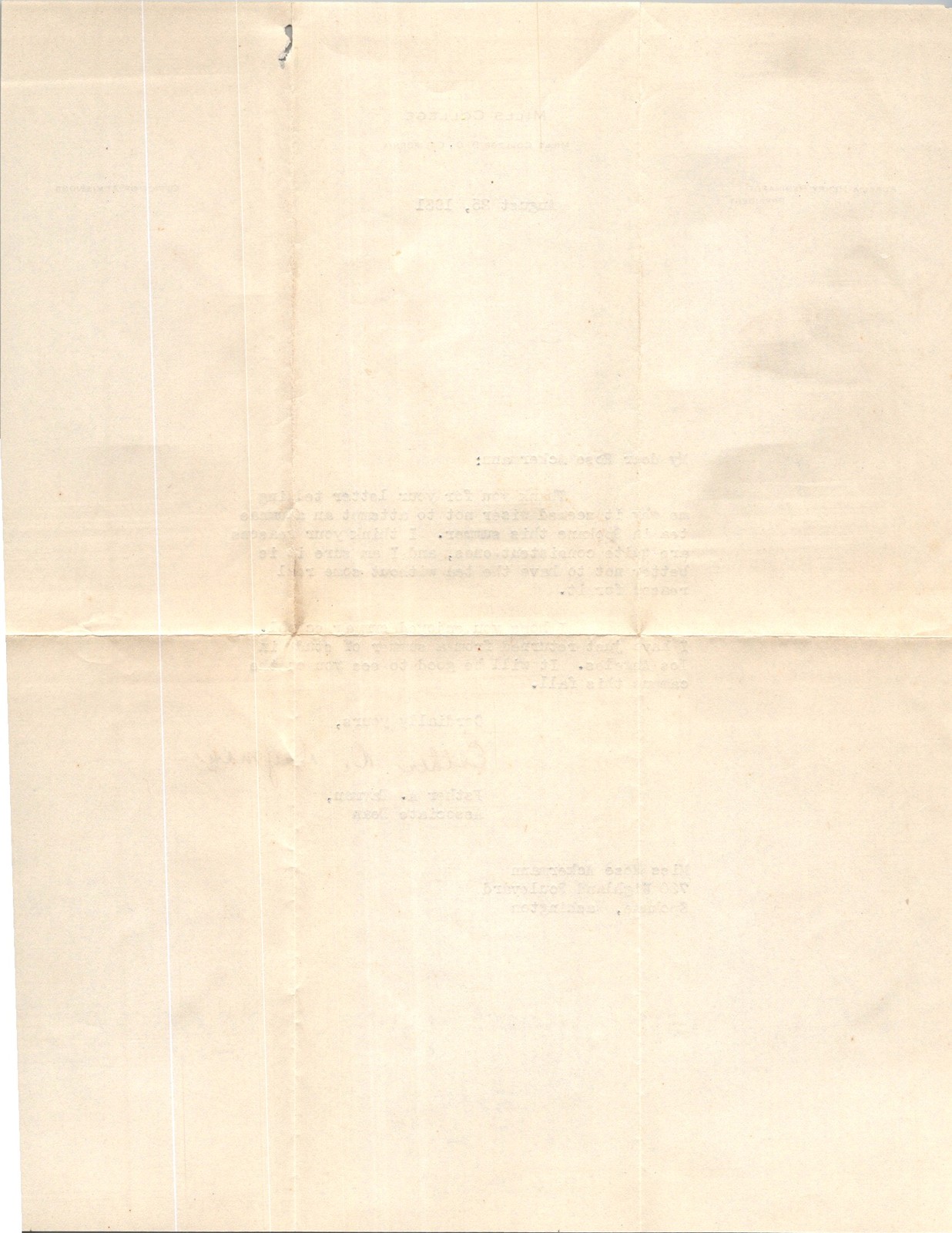 1931 Mills College Letterhead Assoc Dean to Alumna Rose Ackermann Spokane WA