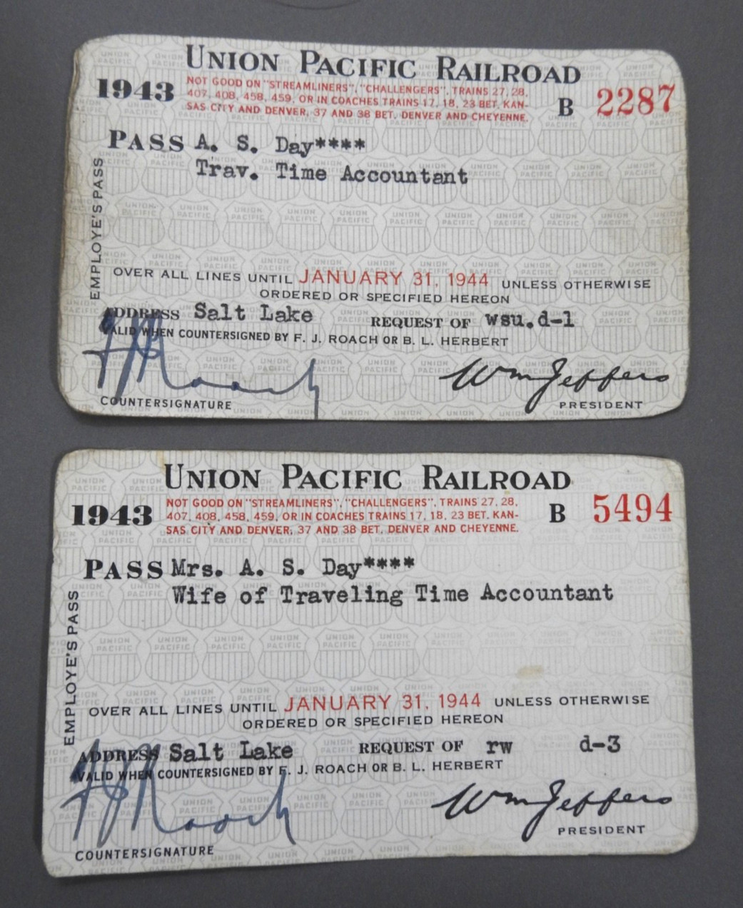 lot of 2 1943 UNION PACIFIC RAILROAD COMPANY PASS railroadiana passes