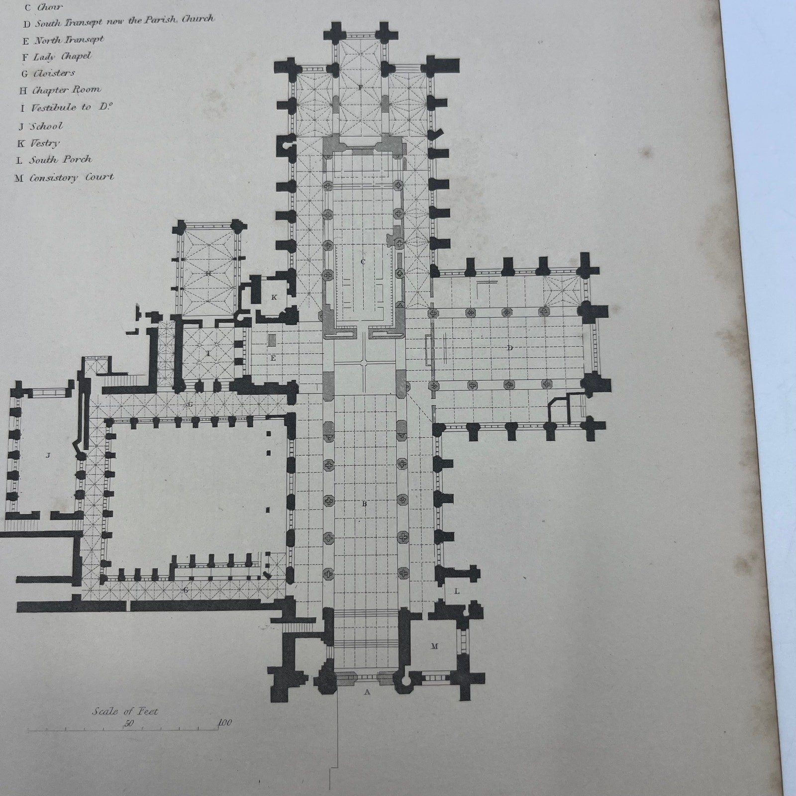 1842 Original Art Engraving Chester Cathedral, Floor Plan and Bio L4-2