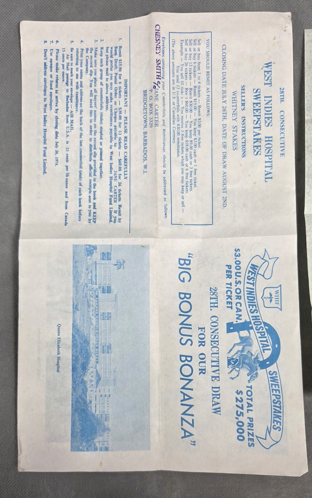 Vintage 1974 WEST INDIES HOSPITAL Advertising SWEEPSTAKES Ticket Book PRIZE LIST