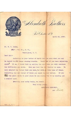 1902 Abendroth Bros Stove Letter #70 Range & Business Correspondence + NY