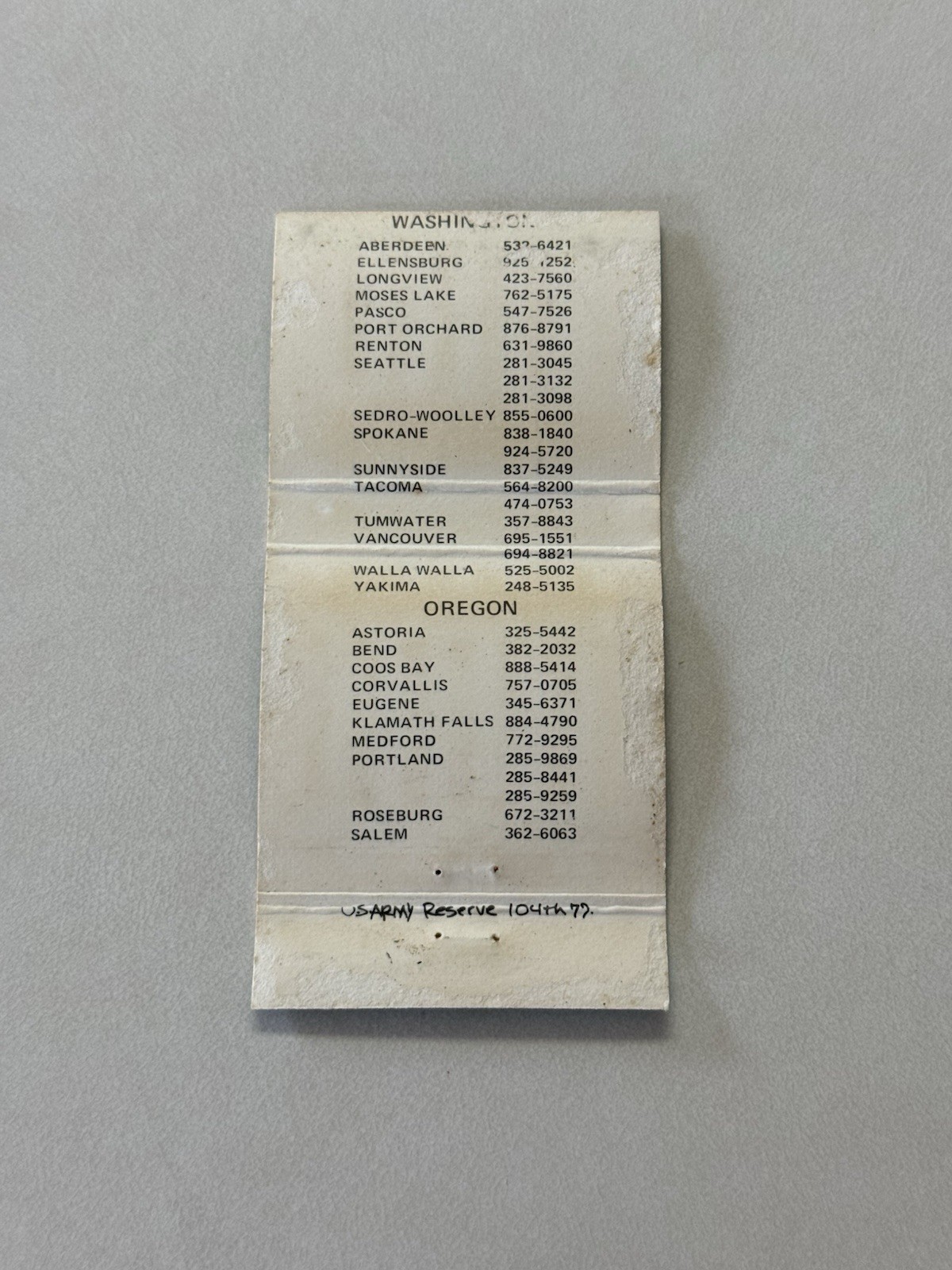 United States Army Reserve Timberwolf Division Oregon Wash Matchbook Cover Q