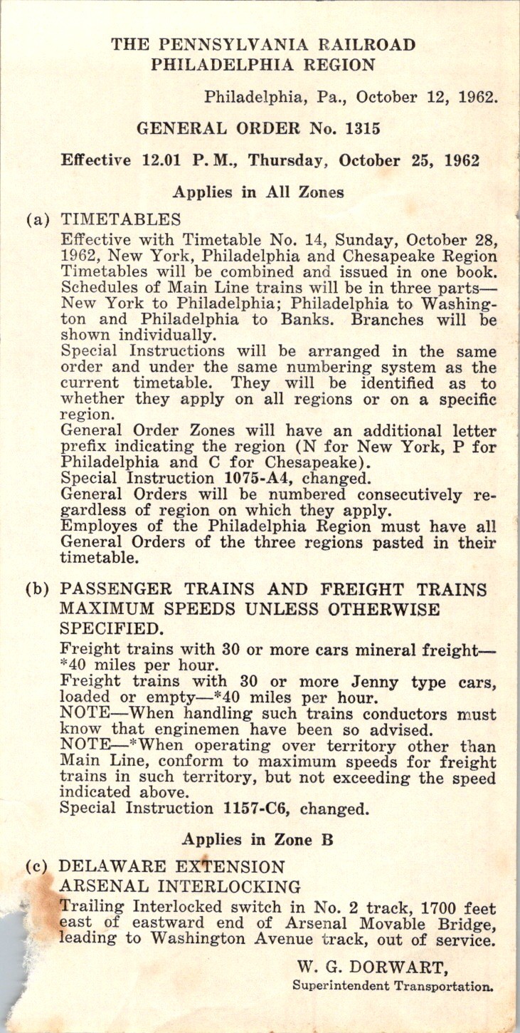 Pennsylvania RR General Order 1315 1962 Timetable Consolidation Mimeograph