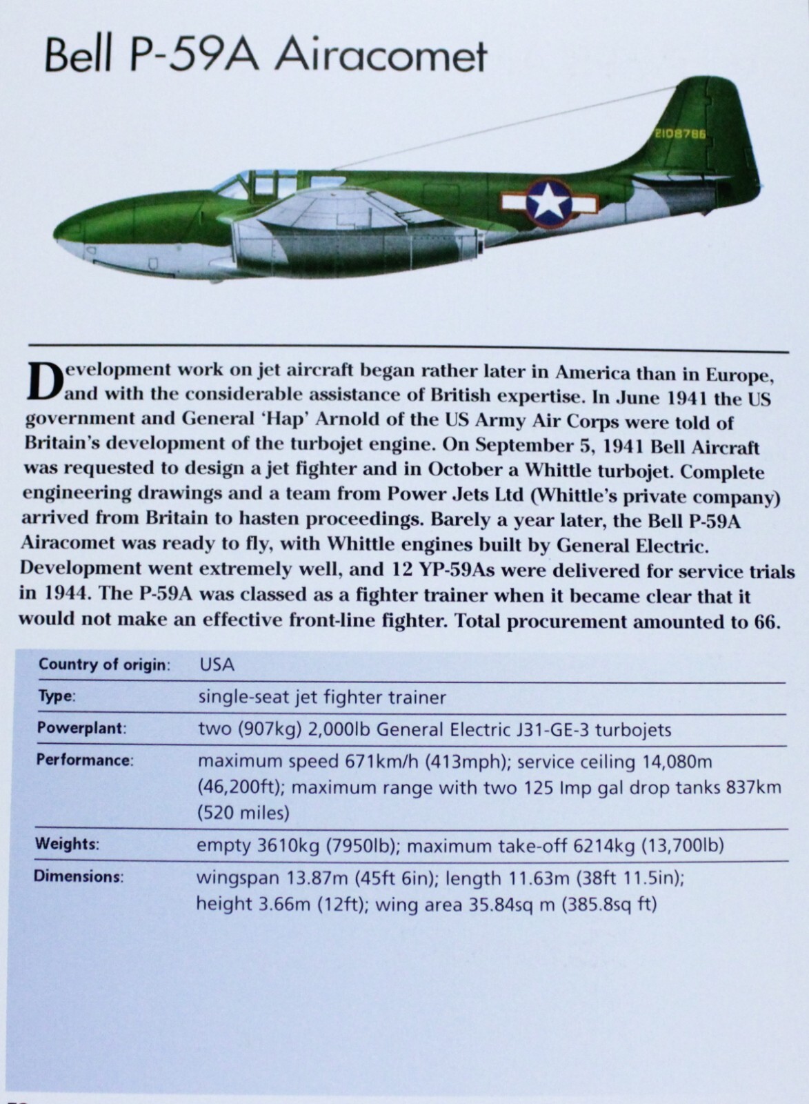 Bell P-59 P 59 Picture Jet Aircraft Out of Print Spec Sheet Art Decor
