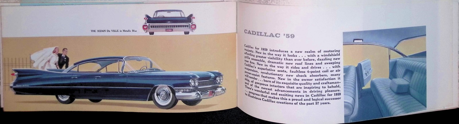 1959 Cadillac Sedan de Ville Brochure Spread GM Ad Metallic Blue Fin Era