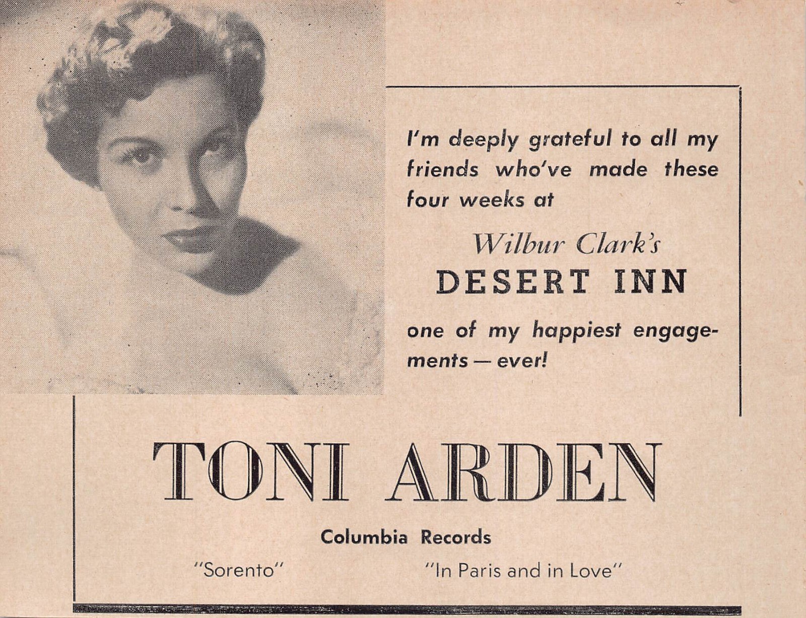 1955 Toni Arden 1950s Advertisement Las Vegas Desert Inn Sorento Paris Love