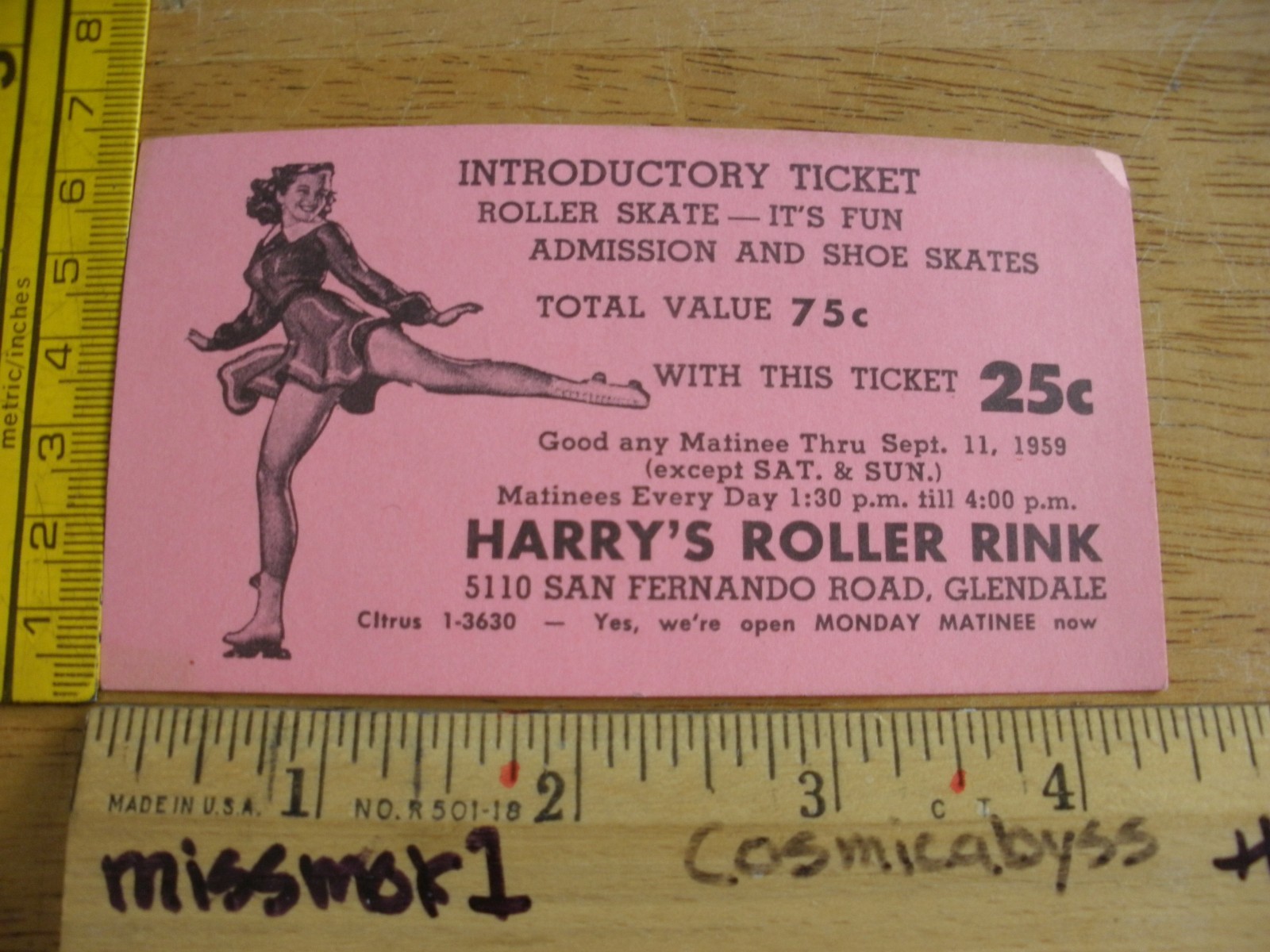1959 Harry’s Roller Rink Glendale CA admission ticket roller skating skates