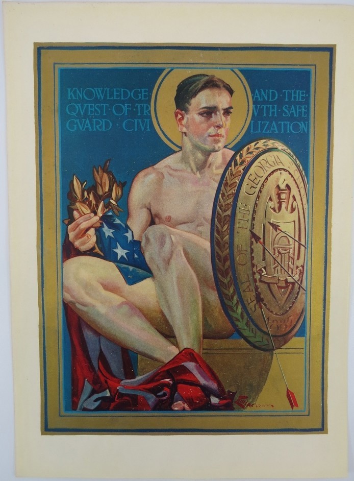 RARE 1925 ELBERT MCGRAN JACKSON NUDE MALE WITH GEORGIA TECH SHIELD & US FLAG