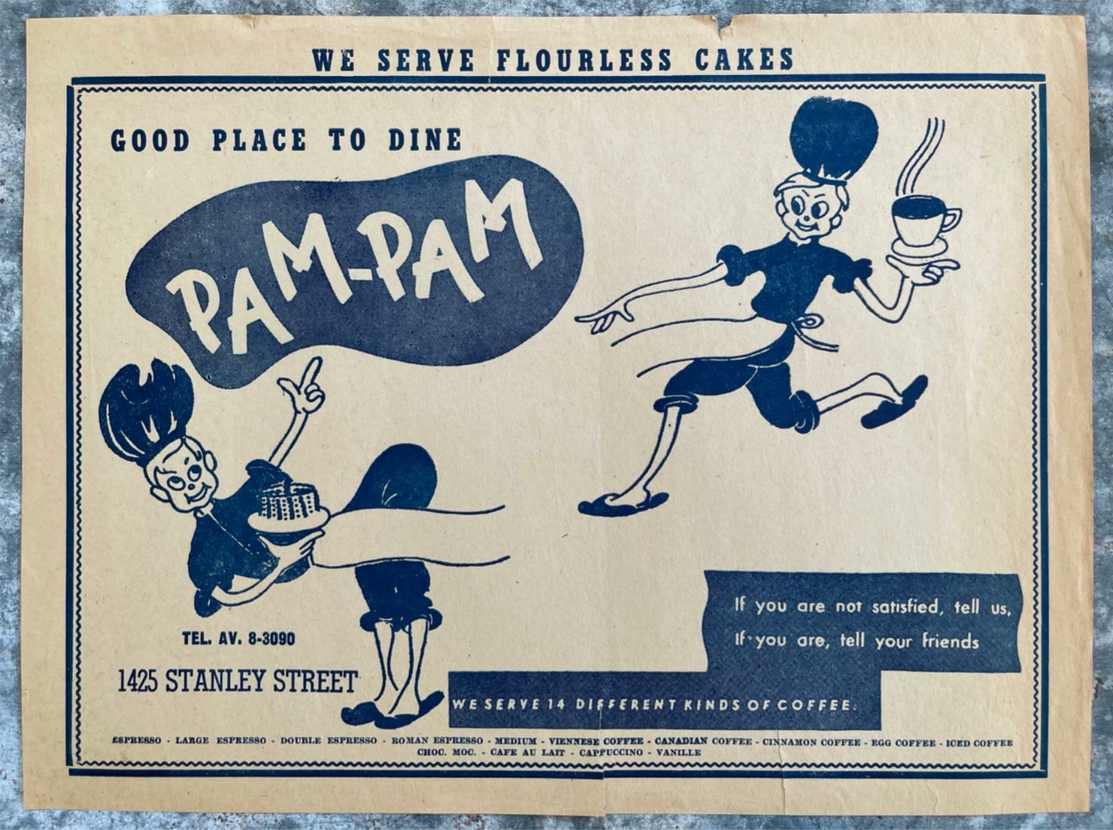 1970’s Placemat PAM-PAM Cafe Coffee Restaurant Stanley Street Montreal Canada