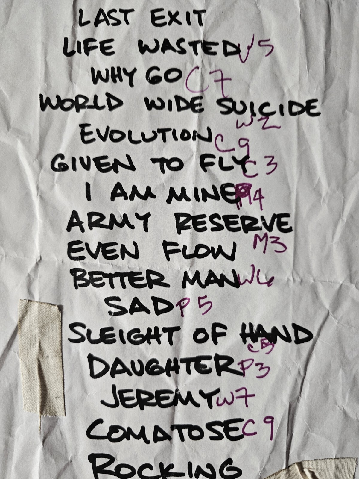 Pearl Jam Original Authentic Setlist With Code Next to Songs See Pics