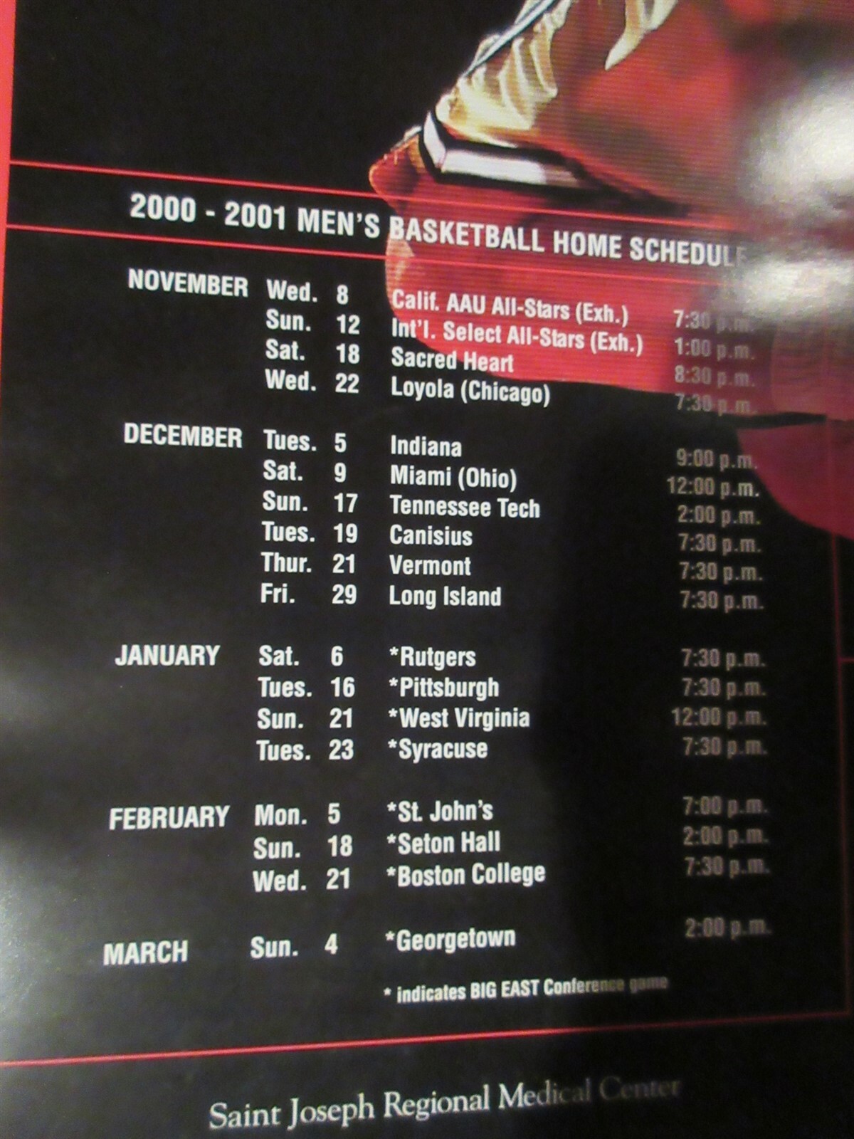 Notre Dame Baskeball schedule poster 2000-01 TROY MURPHY 17″ x 27″