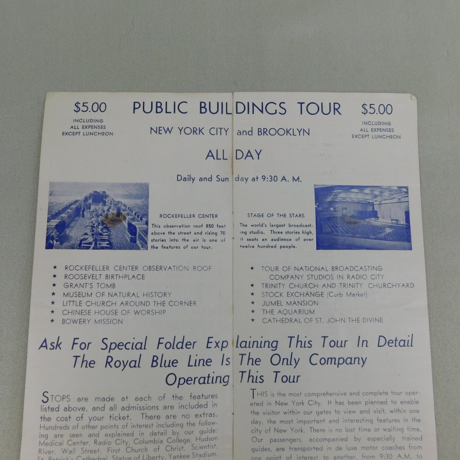 Vintage 1935 Sightseeing New York Royal Blue Line Travel Guide Map Souvenir