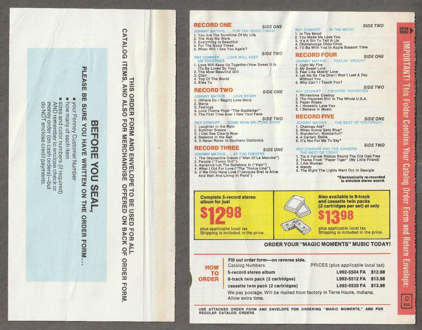 1976 JCPENNEY Catalog ORDER Form/ENVELOPE~Magic Moments LP~JOHNNY MATHIS/Conniff