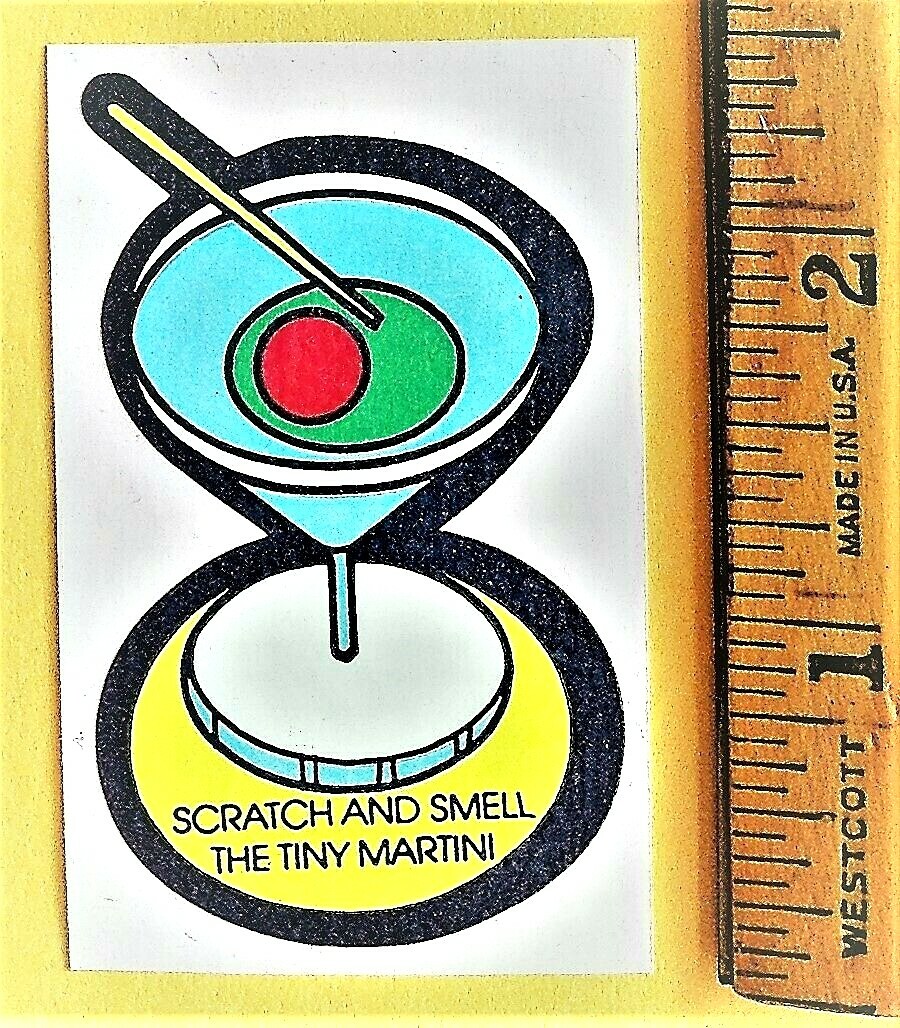VTG 80s MELLO SMELLO Scratch & Smell Tiny Martini Sniff Sticker Cocktail MATTE