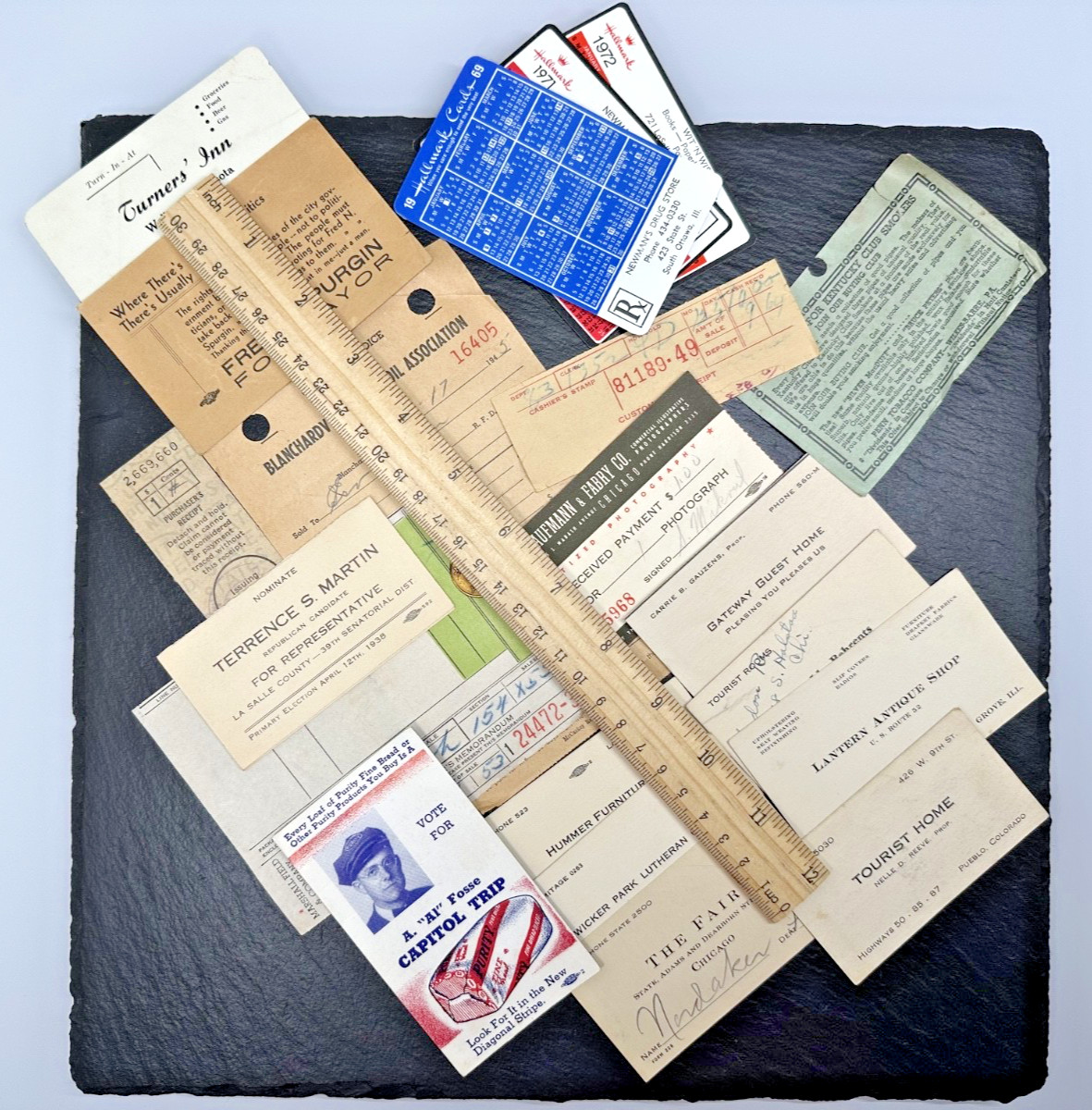 1930’S-1970’S ASSORTED RECEIPTS, BUSINESS CARDS, POCKET CALENDARS + FP373
