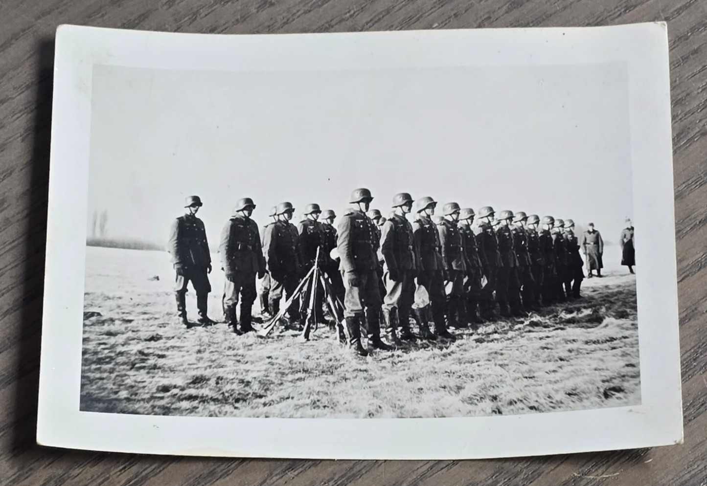 WW2 WWII German Photo Steel Helmet Soldiers Lined Up Inspection Field Exercise