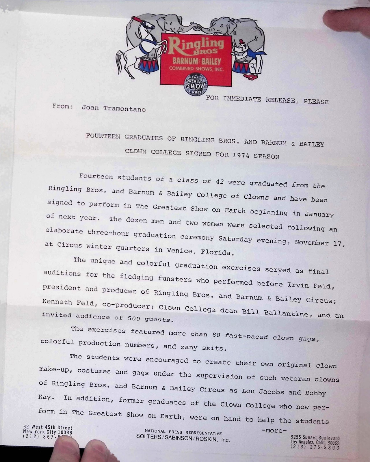 Ringling Bros Clown College 1974 Press Release w/ Envelope NY Venice FL