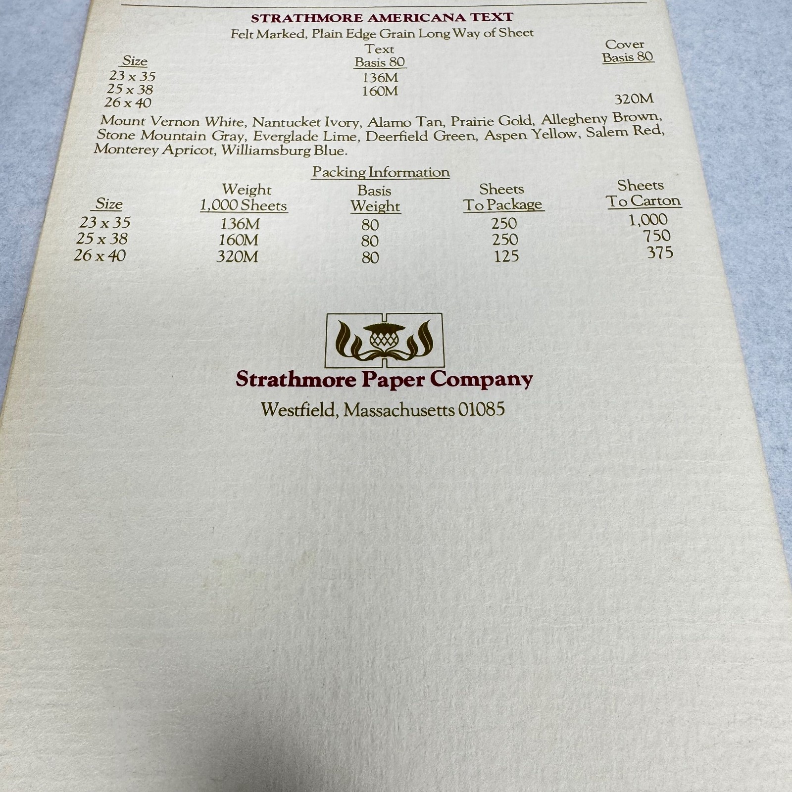 c.1974 Strathmore Americana Paper Swatch Book Felt-Marked Color Samples