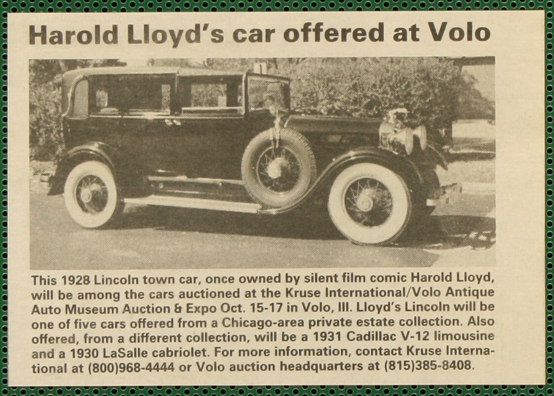 Lincoln 1928 Town Car Harold Lloyd Volo Auction Vintage Pictorial Article 1994