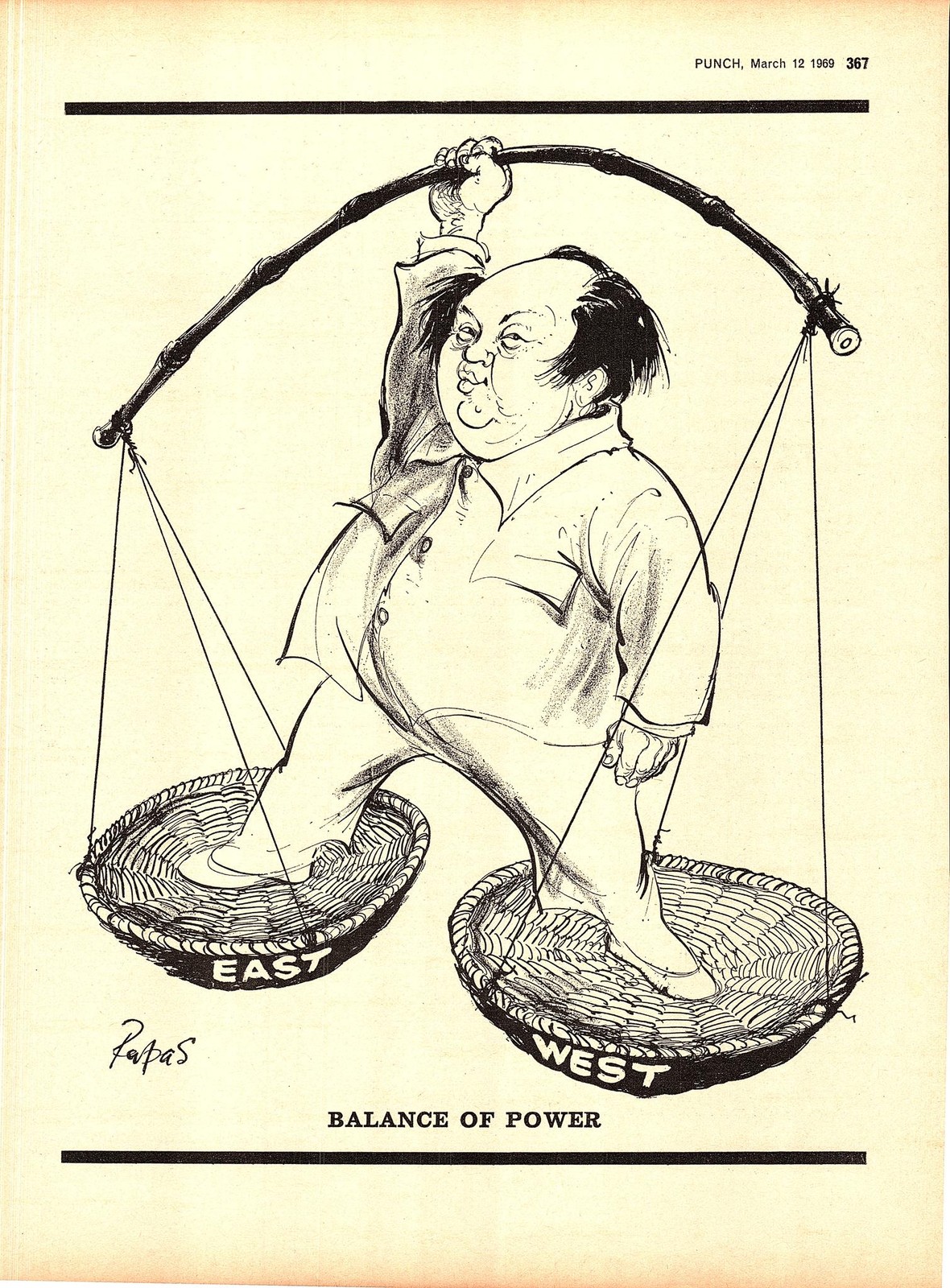 Original 1969 Punch Cartoon Print – MAO ZEDONG (Mao Tse Tung) “Balance of Power”